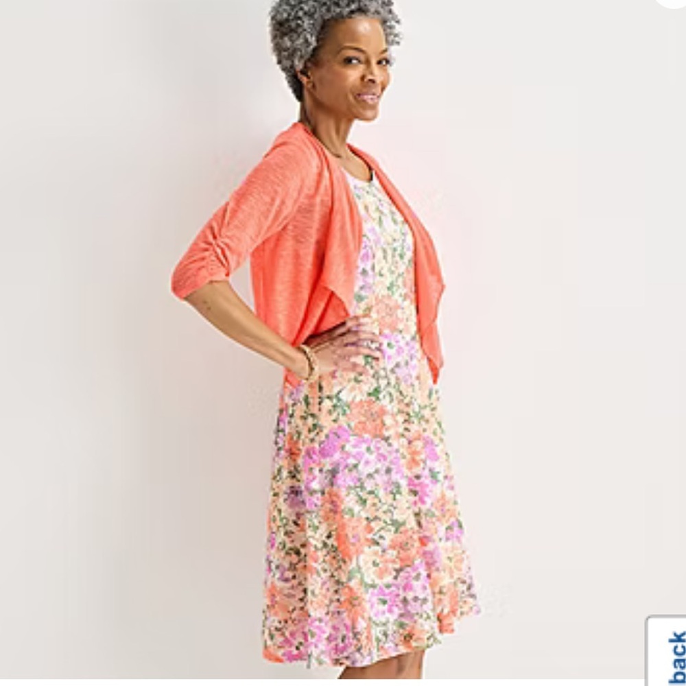 2 pc Perceptions Floral Coral A-Line Midi Dress & Cardigan set Sz L NWT